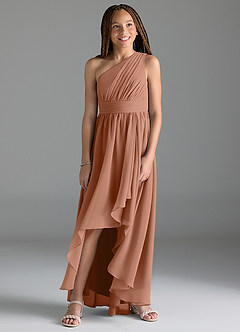 Azazie Mathilda Junior Robe Trapèze en Mousseline de soie Plissée Bronze image4