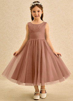 Azazie Macaron Robe Demoiselle D'honneur Fillette Robe Trapèze en Tulle Plissée Bronze image3