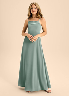 Azazie Anselie Junior Silver Sage A-Line Off the Shoulder Stretch Satin Dress image3