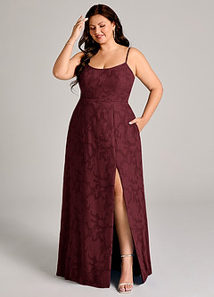 Azazie Moira Bridesmaid Dresses Cabernet A-Line Side Slit Floral Burnout Dress image7