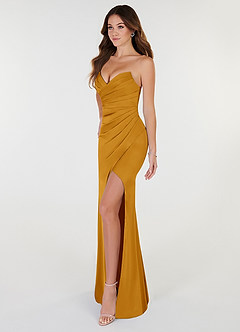 Azazie Yola Brautjungfernkleider Wandelbar Etui Plissee mit V-Ausschnitt Stretch-Satin Kleid Butterscotch image3