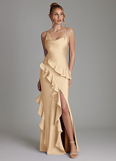 Azazie Jayda Bridesmaid Dresses Champagne A-Line Ruched Stretch Satin Dress image1