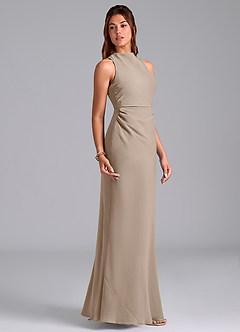 Azazie Evadne Bridesmaid Dresses Taupe Sheath Pleated Chiffon Dress image4