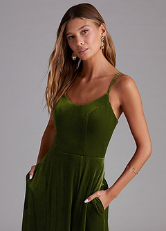 Azazie Moira Bridesmaid Dresses Olive A-Line with Pockets Velvet Dress image5