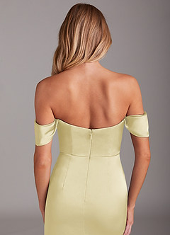 Azazie Saige Bridesmaid Dresses Lemon Sorbet Sheath Off the Shoulder Stretch Satin Dress image9