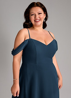 Azazie Marley Vestidos de damas de honor Vestido Azul Marino Oscuro de Gasa de Línea A Convertible con Hombros descubiertos image16