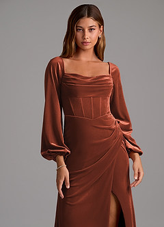 Azazie Charissa Bridesmaid Dresses Terracotta Sheath Long Sleeve Velvet Dress image6