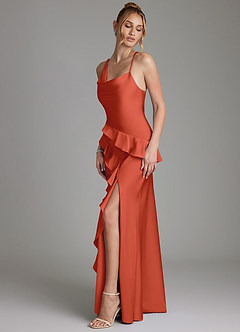 Azazie Jayda Bridesmaid Dresses Rust A-Line Ruched Stretch Satin Dress image5
