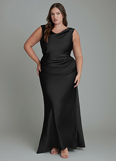 Azazie Kieryn At-home Try On Dresses Black Mermaid Pleated Stretch Satin Dress image7