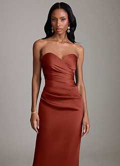 Azazie Sonora Vestidos de damas de honor Vestido de Terracota de Satén Elástico de Corte Recto con Sin tirantes image5