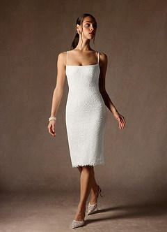 Azazie Kat At-home Try On Dresses Diamond White Sheath Straight Lace Lace Dress image6