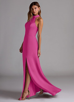 Azazie Myra Bridesmaid Dresses Fuchsia A-Line Side Slit Stretch Satin Dress image5
