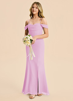 Azazie Nira Junior Vestido Rosa Caramelo de Gasa de Corte Sirena con Drapeado image5
