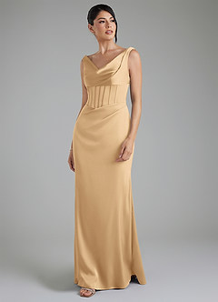 Azazie Spencer Bridesmaid Dresses Gold Mermaid Pleated Stretch Satin Dress image5