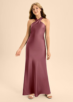 Azazie Doretta Junior Desert Rose A-Line Pleated Stretch Satin Dress image4
