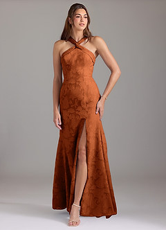 Azazie Rue Robes de demoiselle d'honneur Robe Trapèze en Blumen-Burnout Plissée Orange Brûlée image1