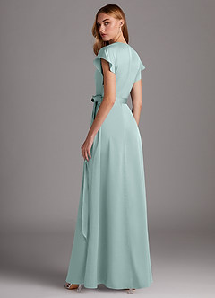Azazie Nico Bridesmaid Dresses Sea Glass A-Line V-Neck Stretch Satin Dress image5