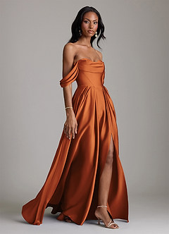 Azazie Loisa Bridesmaid Dresses Cinnamon A-Line Off the Shoulder Stretch Satin Dress image6