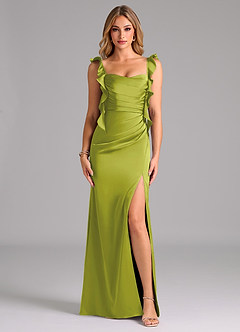 Azazie Jessamine Bridesmaid Dresses Lemongrass Sheath Corset Stretch Satin Dress image3