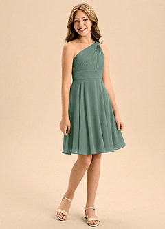 Azazie Charlize Junior Vestido de Eucalipto de Gasa de Corte en A con Plisado image3