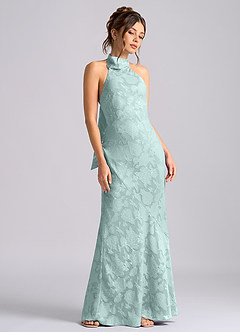 Azazie Velli Vestidos de damas de honor Vestido de Neblina de Devorado Floral de Corte Sirena con Cuello Alto image5