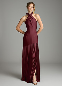 Azazie Nayeli Jurken voor bruidsmeisjes Jurk van Stretch Satijn met A-Lijn Geplooid Cabernet image3