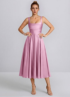 Azariya Bonbonrosa Satin-Midikleid mit eckigem Ausschnitt und Schnürung in A-Linie image4