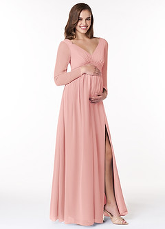 Azazie Teton Robes de demoiselle d'honneur de maternité Robe Trapèze Manche longue Longueur ras du sol Mousseline de soie image4