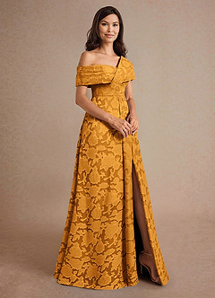 Azazie Milton Mother of the Bride Dresses Butterscotch A-Line Pleated Floral Burnout Dress image3