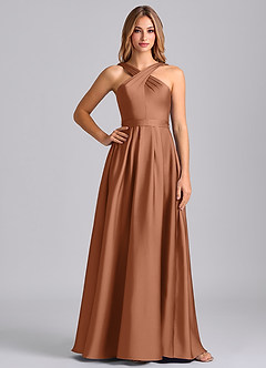 Azazie Dixie 신부 들러리 드레스 A라인 주름진 스트레치 새틴 바닥 길이 드레스 image3