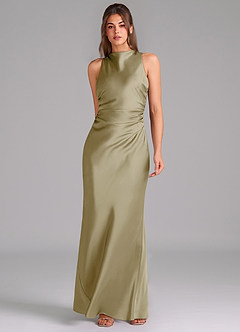 Azazie Evadne Bridesmaid Dresses Moss Green A-Line Pleated Stretch Satin Dress image3