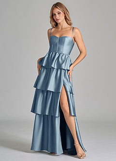 Azazie Faye Bridesmaid Dresses Dusty Blue A-Line Ruched Stretch Satin Dress image8