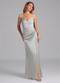 Azazie Leo Final Sale Silver Sheath Pleated Stretch Satin Dress image2