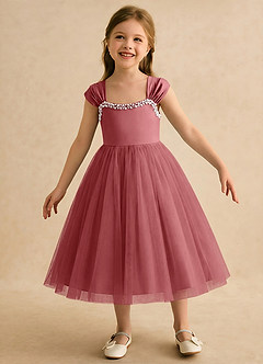 Azazie Yosemite Robe Demoiselle D'honneur Fillette Robe Princesse en Tulle Encolure en Forme de Cœur Antique Rose image4
