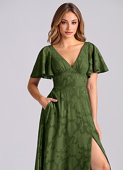 Azazie Kimber Bridesmaid Dresses Olive A-Line with Pockets Floral Burnout Dress image9
