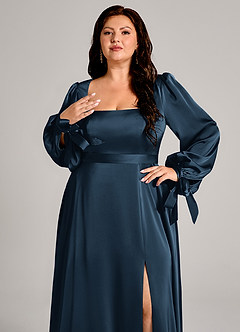 Azazie Leonia Bridesmaid Dresses Dark Navy A-Line Long Sleeve Stretch Satin Dress image9