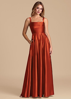 Azazie Shaude Bridesmaid Dresses Paprika A-Line Pleated Metallic Satin Dress image1