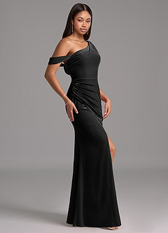 Azazie Madelyn Robes de demoiselle d'honneur Robe Fourreau en velours Ue épaule Noir image3