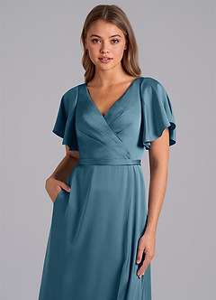 Azazie Ambrosia Vestidos de damas de honor Vestido de Bermudas de Satén Elástico de Corte en A con Plisado image2