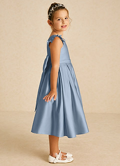 Azazie Francine Jurken voor bloemenmeisjes A-Lijn Jurk van Mat Satijn Boog Stoffig Blauw image3