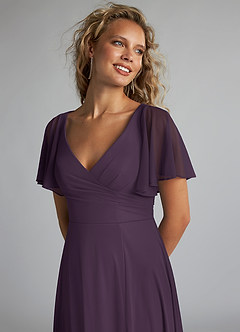 Azazie Induh Bridesmaid Dresses Plum A-Line Flutter V-neck Mesh Dress image5