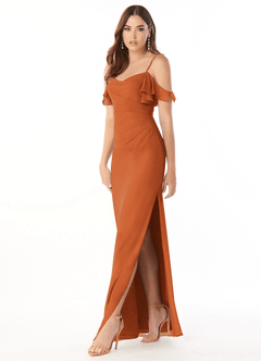 Azazie Emeralda Bridesmaid Dresses Cinnamon Sheath Off the Shoulder Chiffon Dress image3