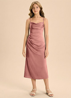 Azazie Mai Junior Osłona Pofałdowany Satyna elastyczna Długość herbaty Młodsza druhna Sukienka image3