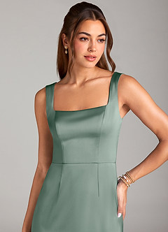 Azazie Flori Bridesmaid Dresses Silver Sage Sheath Side Slit Stretch Satin Dress image5