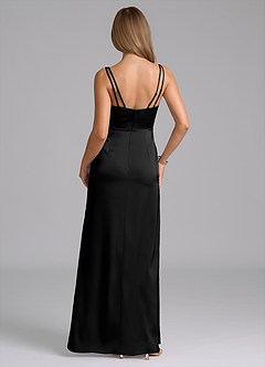 Azazie Leo At-home Try On Dresses Black Sheath Pleated Stretch Satin Dress image2