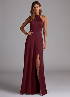 Azazie Myra Bridesmaid Dresses Cabernet A-Line Side Slit Stretch Satin Dress image1