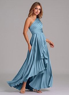 Azazie Lyrica Bridesmaid Dresses Steel Blue A-Line One Shoulder Stretch Satin Dress image2