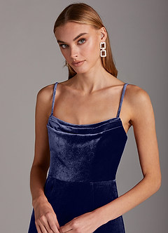 Azazie Solange Bridesmaid Dresses Dark Navy Sheath Pleated Velvet Dress image6