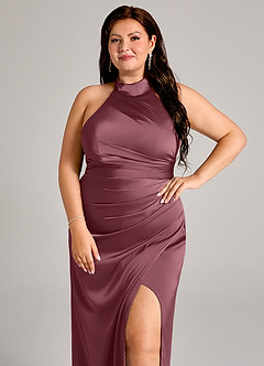 Azazie Jemma Bridesmaid Dresses Desert Rose Sheath Pleated Stretch Satin Dress image10