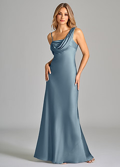 Azazie Celina Bridesmaid Dresses Dusty Blue Sheath Off the Shoulder Stretch Satin Dress image3